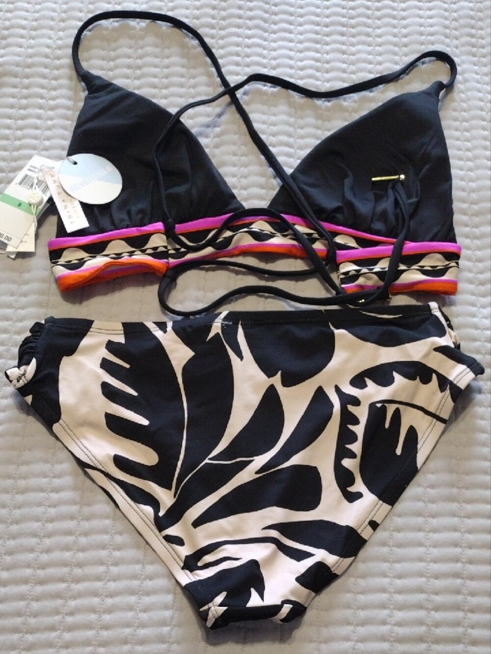 Trina Turk Black & Cream Print Bikini with Pink and Orange Trim - Picture 3 of 4